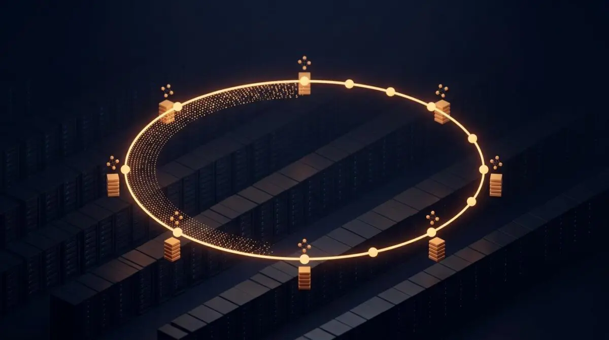 Isometric glowing consistent-hashing ring above server racks with six-byte blocks, illustrating Cloudflare's 100TB RAM trick.