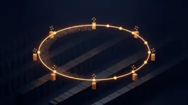 Isometric glowing consistent-hashing ring above server racks with six-byte blocks, illustrating Cloudflare's 100TB RAM trick.
