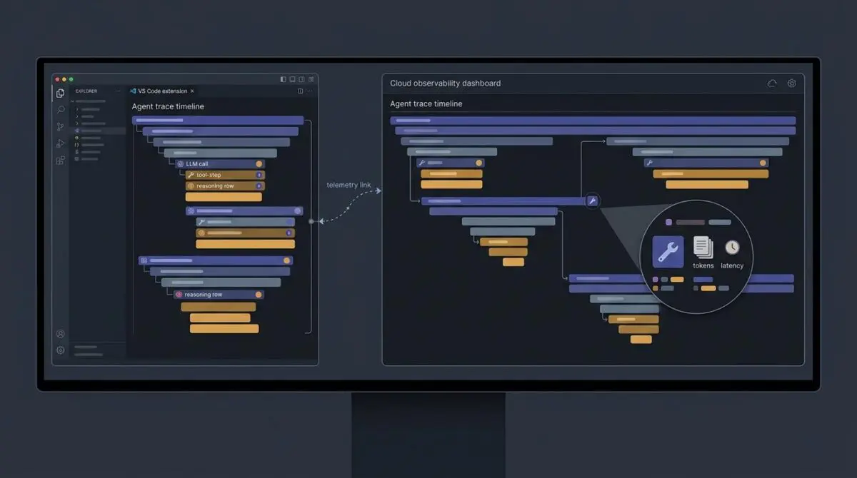 Nested agent trace timeline bars with LLM calls, tool steps, and score badges, illustrating CloudWatch Omni's trace-first agent debugging loop.