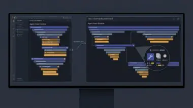 Nested agent trace timeline bars with LLM calls, tool steps, and score badges, illustrating CloudWatch Omni's trace-first agent debugging loop.