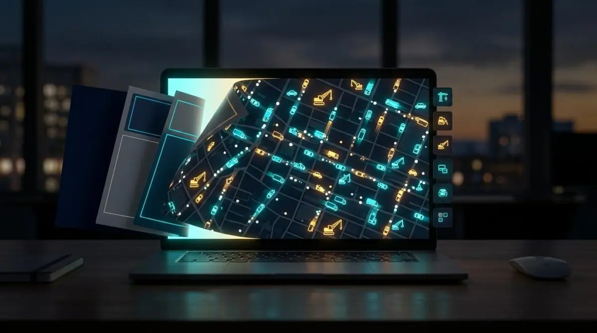 Laptop mockup with fleet tracking dashboard as slides bend into demos, showing Codex sales lift and Proaction hours saved.
