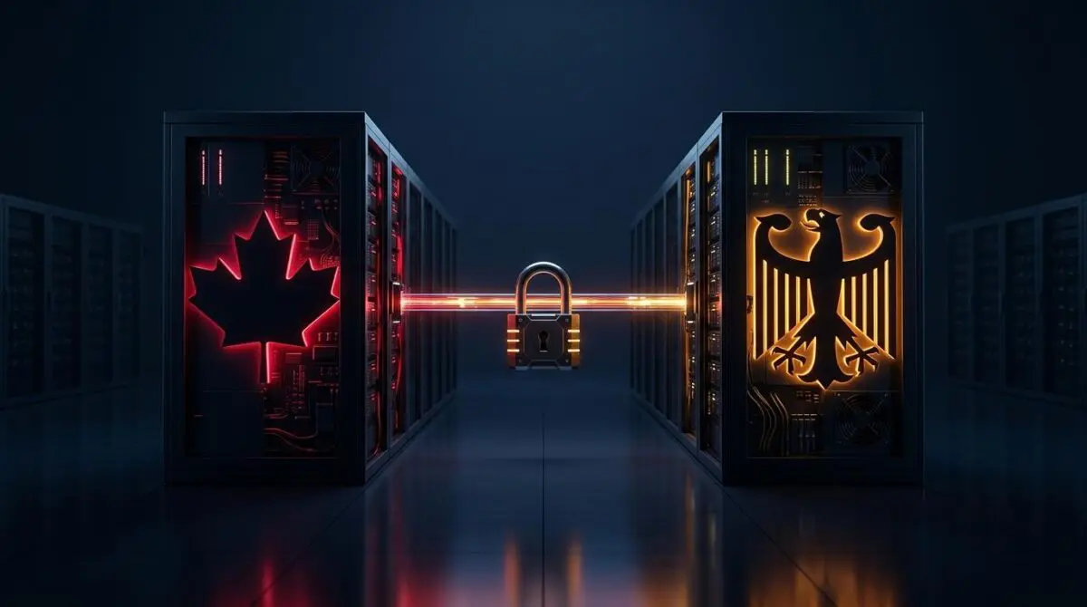 Mirrored AI halves, maple leaf and German eagle silhouettes, glowing bridge, padlock firewall: Cohere-Aleph Alpha merger.