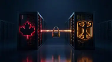 Mirrored AI halves, maple leaf and German eagle silhouettes, glowing bridge, padlock firewall: Cohere-Aleph Alpha merger.