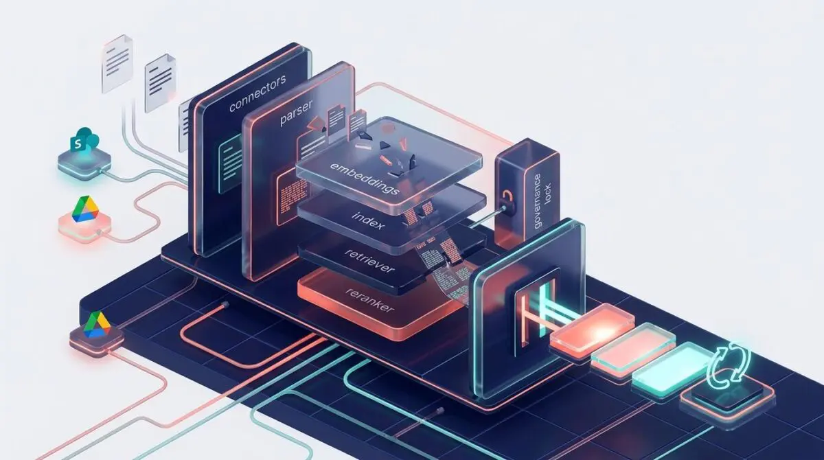 Isometric 3D render of Cohere's Compass Cloud Beta managed retrieval pipeline: translucent slabs, reranker gate.