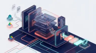 Isometric 3D render of Cohere's Compass Cloud Beta managed retrieval pipeline: translucent slabs, reranker gate.