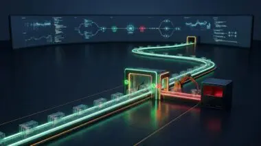 Night control room with a curved monitoring wall, where code blocks flow toward an inspection gate as developers become automation governors.