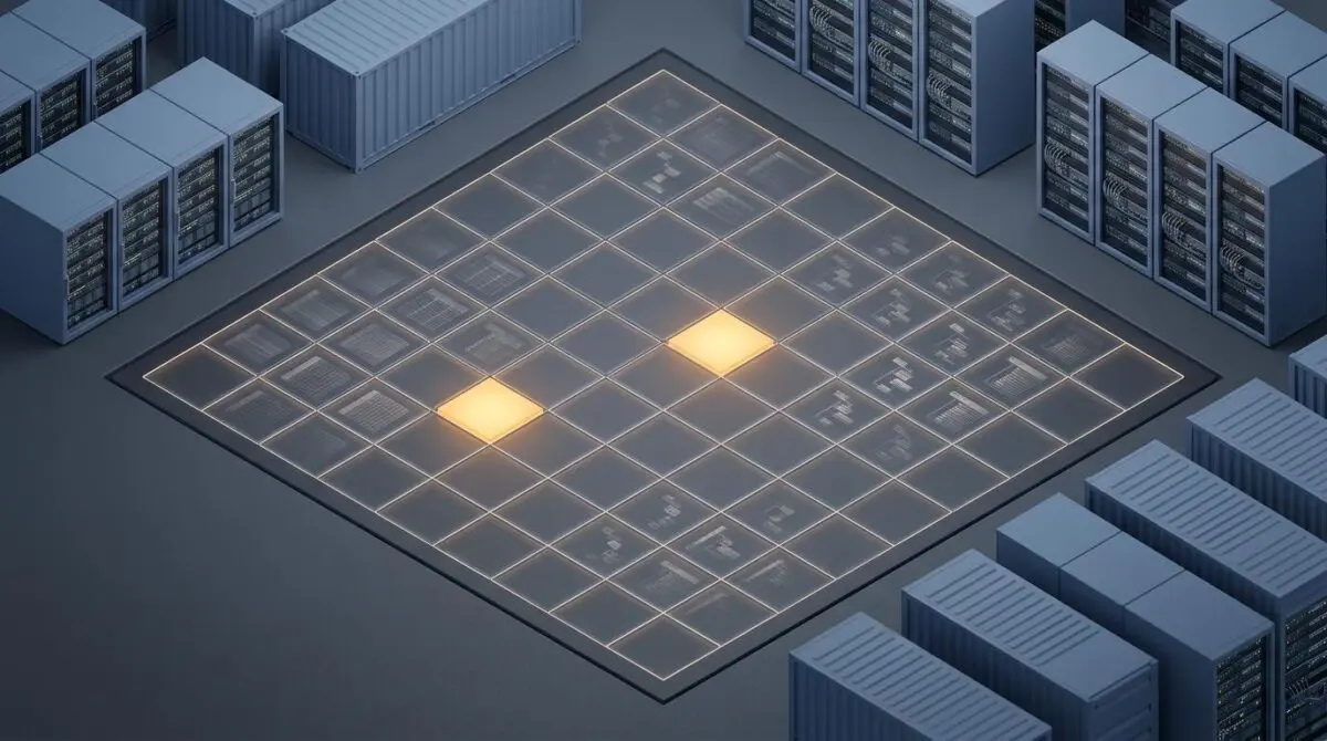 Isometric 3D render of a 64 KiB cloud storage grid with one amber 4 KiB block beside ghosted SQLite pages, showing the dm-thin zeroing flaw.
