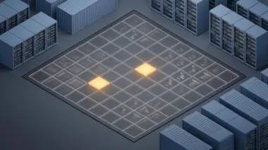 Isometric 3D render of a 64 KiB cloud storage grid with one amber 4 KiB block beside ghosted SQLite pages, showing the dm-thin zeroing flaw.
