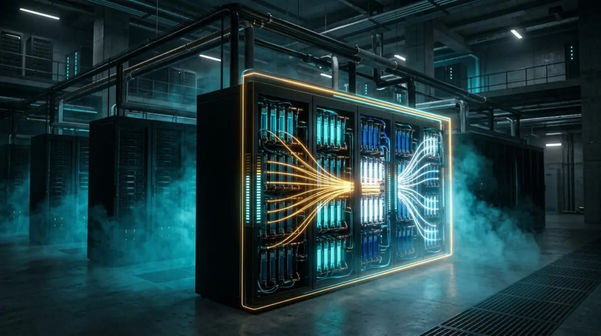 Icelandic AI hall liquid-cooled GPU rack; DSX MaxLPS fits 192 GPUs into 140 slots, 37% more AI capacity, amber streams.