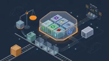 Isometric render of a translucent EKS cluster holding seven language containers and one isolated, with subnet grids and CloudWatch cables for Elastic Beanstalk cluster mode.