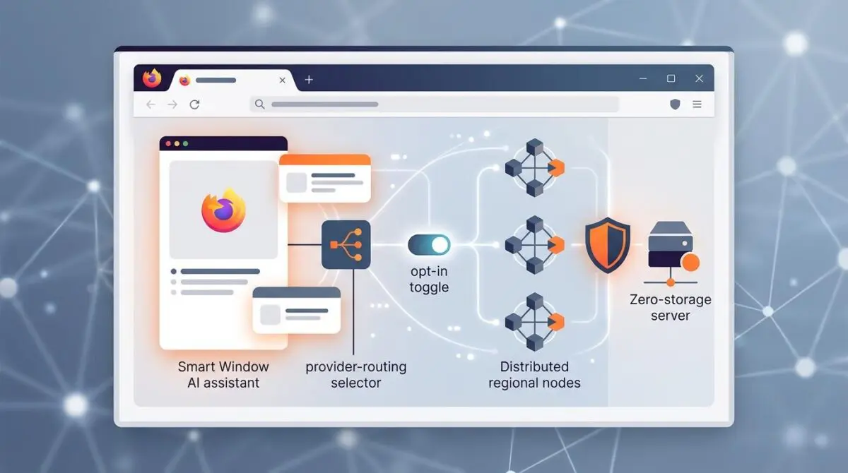 Firefox Smart Window AI panel with tab context cards, opt-in provider routing, regional model nodes, and a zero-retention shield.