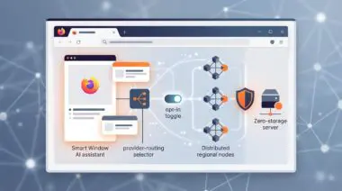 Firefox Smart Window AI panel with tab context cards, opt-in provider routing, regional model nodes, and a zero-retention shield.