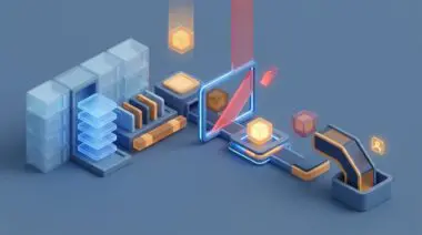 Isometric 3D render of five translucent stacked prompt layers in a server rack, with tool cards, JSON packets, a red error gate, and a human-route chute.