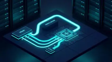Four data flow paths on a GPU chip, with a bypass jumping over a prefill block, in a dark navy and neon cyan data center.