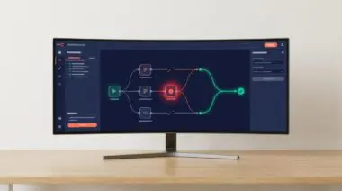 n8n canvas with red error node looping back to green check, visualizing assistant-built workflow that fixes its own errors.