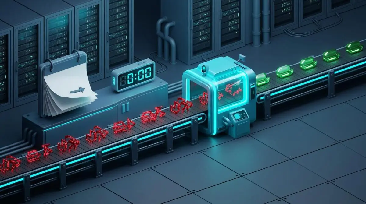Automated patch lifecycle: calendar weeks to clock seconds, conveyor turns red vulnerabilities to green patches.