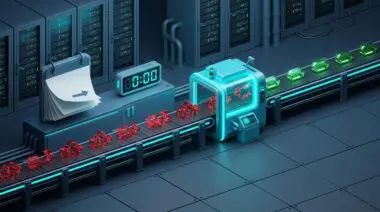 Automated patch lifecycle: calendar weeks to clock seconds, conveyor turns red vulnerabilities to green patches.