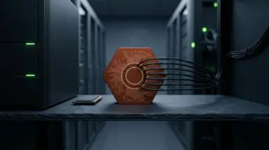 Rust-orange hexagonal core with circuit traces replaces a Node.js tower, evoking Copilot's 14-week Rust port.