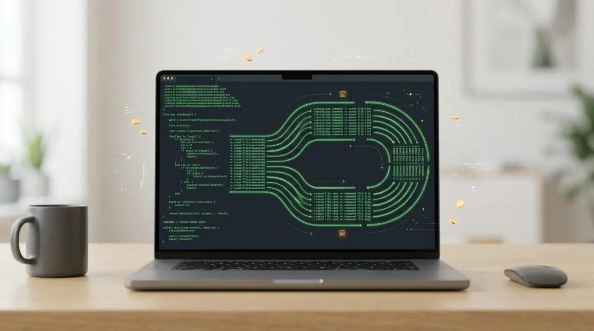 Compressed green code on dark terminal expands into looping commands, symbolizing GitHub Copilot's hidden token costs