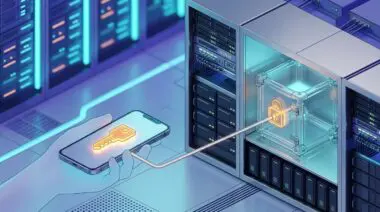 Smartphone with glowing amber key-shaped chip linked to a sealed glass vault in a server rack, illustrating Google DeepMind on-device AI memory keys.