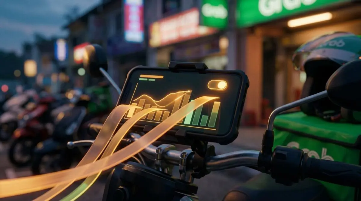 Dusk scooter phone mount with AI chat panel, rising sales bars, receipts, and green bag for Grab-OpenAI gig worker training