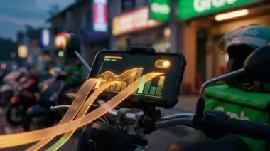 Dusk scooter phone mount with AI chat panel, rising sales bars, receipts, and green bag for Grab-OpenAI gig worker training