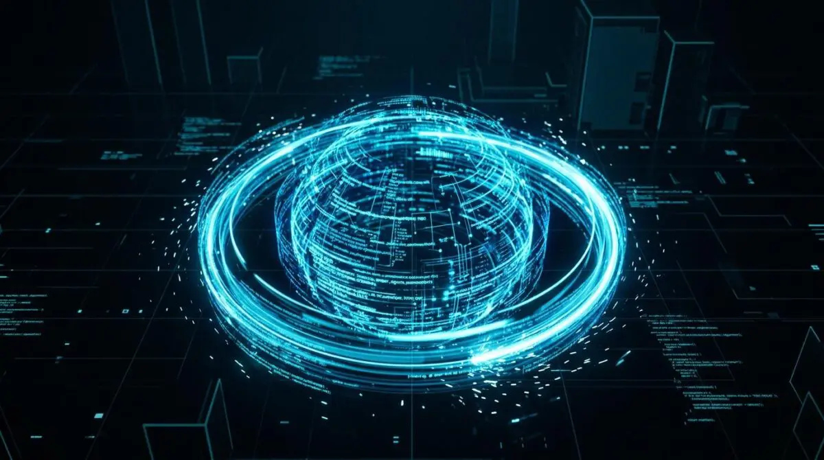Gemini 3.8 Flash's compact core of stacked luminous code layers and branching paths spins brighter in a dark cyberspace grid.