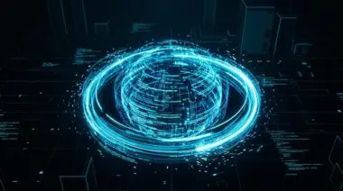 Gemini 3.8 Flash's compact core of stacked luminous code layers and branching paths spins brighter in a dark cyberspace grid.
