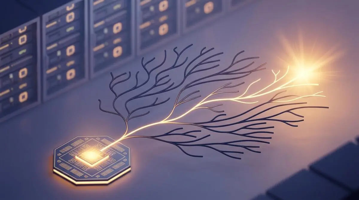 Isometric GPU kernel card branching into one glowing amber path with a speed-up burst, illustrating Helion kernels on Hugging Face Hub.