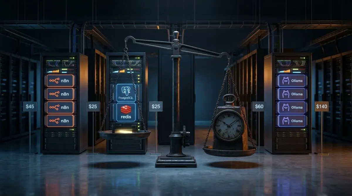Servers with n8n/PostgreSQL/Redis/Ollama, price tags, glowing meters, scale, Hetzner vs Hostinger vs DigitalOcean AI cost.