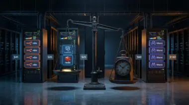 Servers with n8n/PostgreSQL/Redis/Ollama, price tags, glowing meters, scale, Hetzner vs Hostinger vs DigitalOcean AI cost.