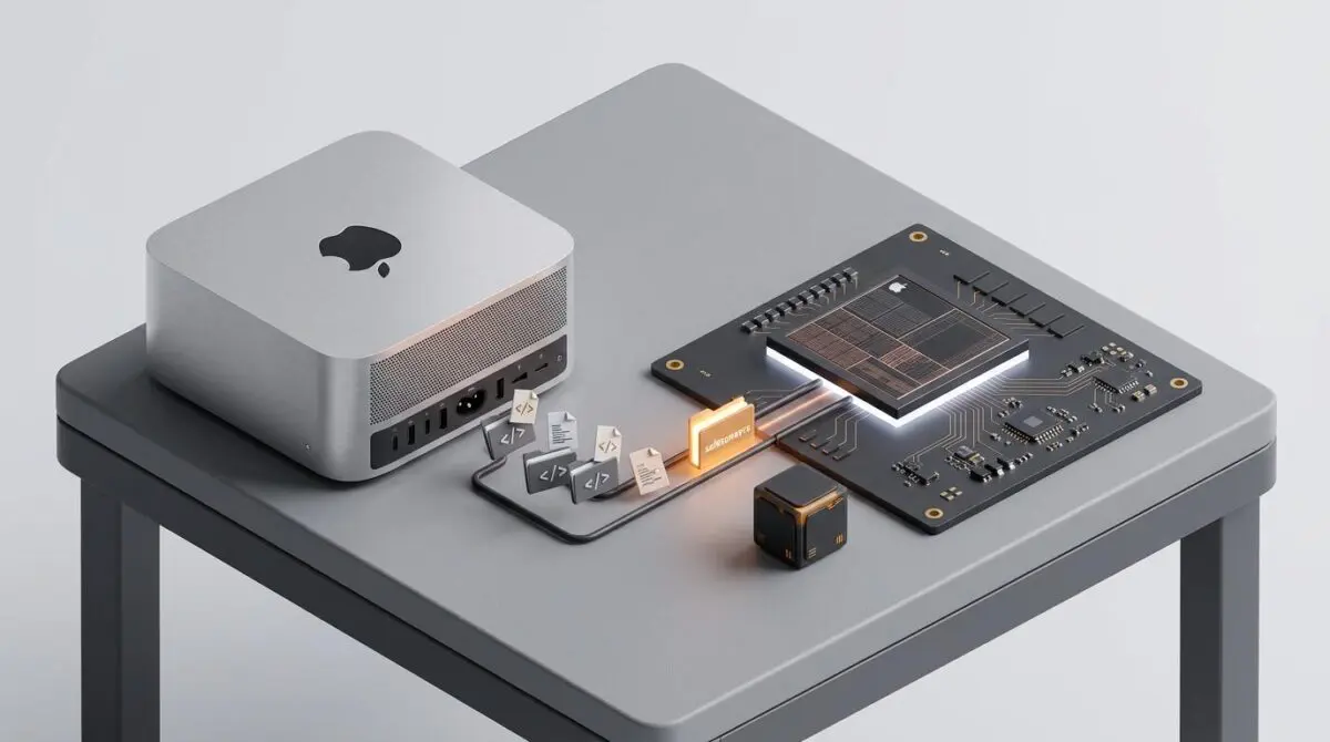 Isometric 3D render: Apple Silicon chip, safetensors streaming in; Hugging Face hires oMLX creator Jun Kim for MLX.