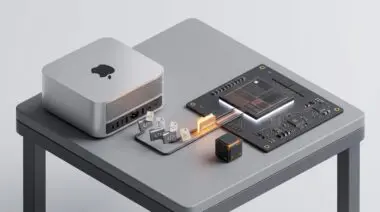 Isometric 3D render: Apple Silicon chip, safetensors streaming in; Hugging Face hires oMLX creator Jun Kim for MLX.