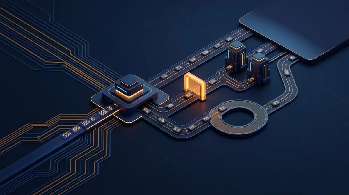 Isometric render of AI switchyard routes code through Single, Cascade, and Critique tracks in HydraFusion GitHub Copilot