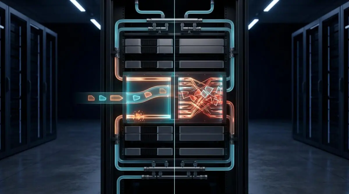 Liquid-cooled NVL72 rack with glowing copper NVLink 6 backplane links, split between a replay buffer and a jammed Ethernet queue in an AI factory.