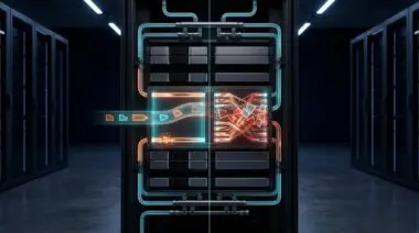 Liquid-cooled NVL72 rack with glowing copper NVLink 6 backplane links, split between a replay buffer and a jammed Ethernet queue in an AI factory.