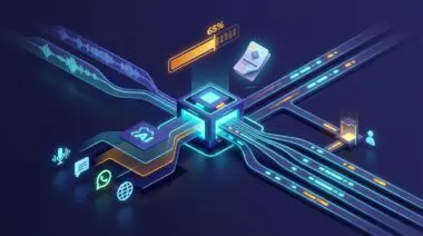 Isometric 3D AI routing hub splits voice ribbons across model lanes; Ringg resolves 65% of calls without a human