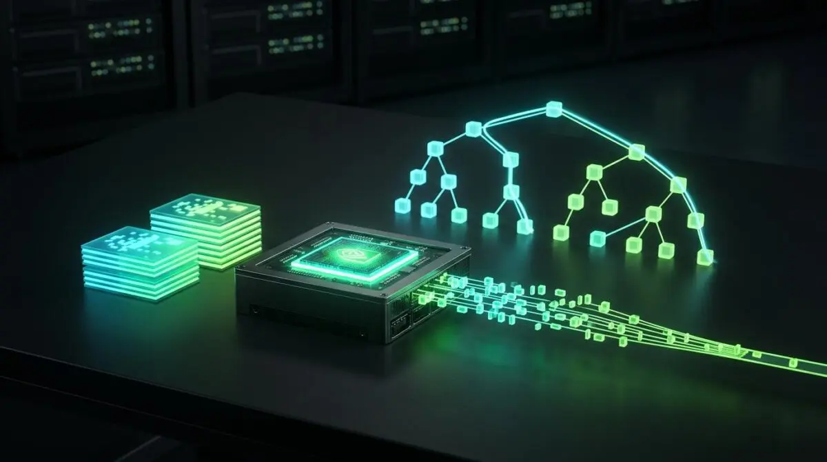 Palm-sized Jetson AGX Thor module with glowing Blackwell GPU and token streams, illustrating TensorRT Edge-LLM's 6.4x speedup.