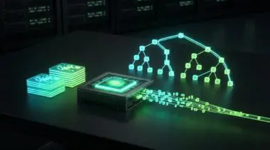 Palm-sized Jetson AGX Thor module with glowing Blackwell GPU and token streams, illustrating TensorRT Edge-LLM's 6.4x speedup.