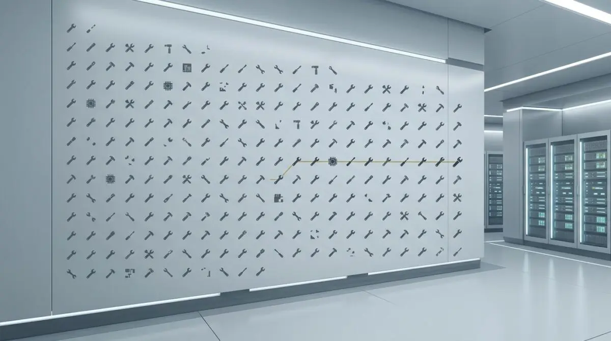 Slate grid of fragmented tool icons, a thin gold link connecting a few to complete one occupational task, representing 2.6%.