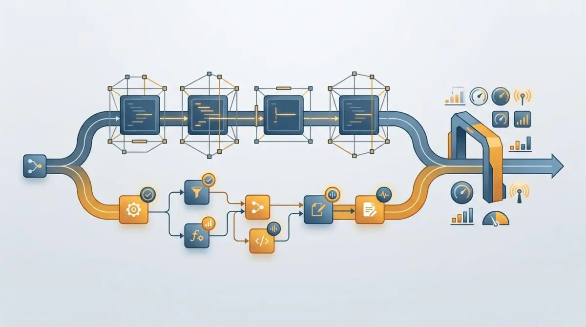 Hand-coded nodes and modular workflow blocks converge at a maintenance gate with telemetry, comparing LangGraph vs n8n upkeep.