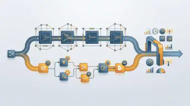 Hand-coded nodes and modular workflow blocks converge at a maintenance gate with telemetry, comparing LangGraph vs n8n upkeep.