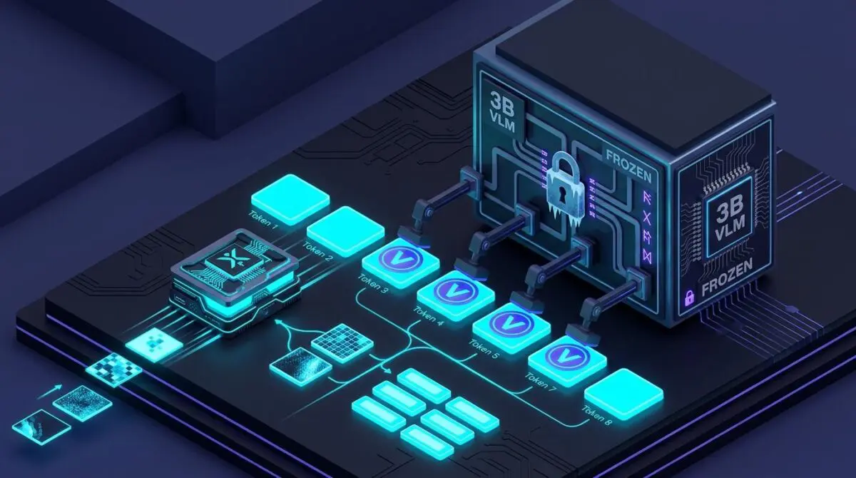 Compact 280M DSpark drafter racing through token tiles beside a frozen 3B vision-language model, showing LiquidAI edge vision decoding 3x faster.
