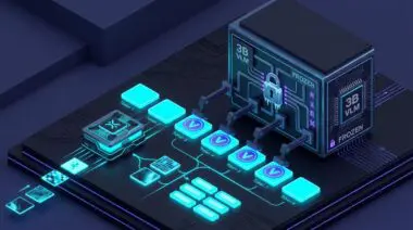 Compact 280M DSpark drafter racing through token tiles beside a frozen 3B vision-language model, showing LiquidAI edge vision decoding 3x faster.