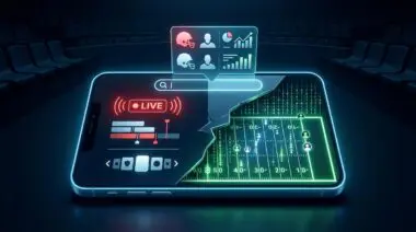 Smartphone in dark stadium displays live football search results with red Live icon and gridiron data streams.