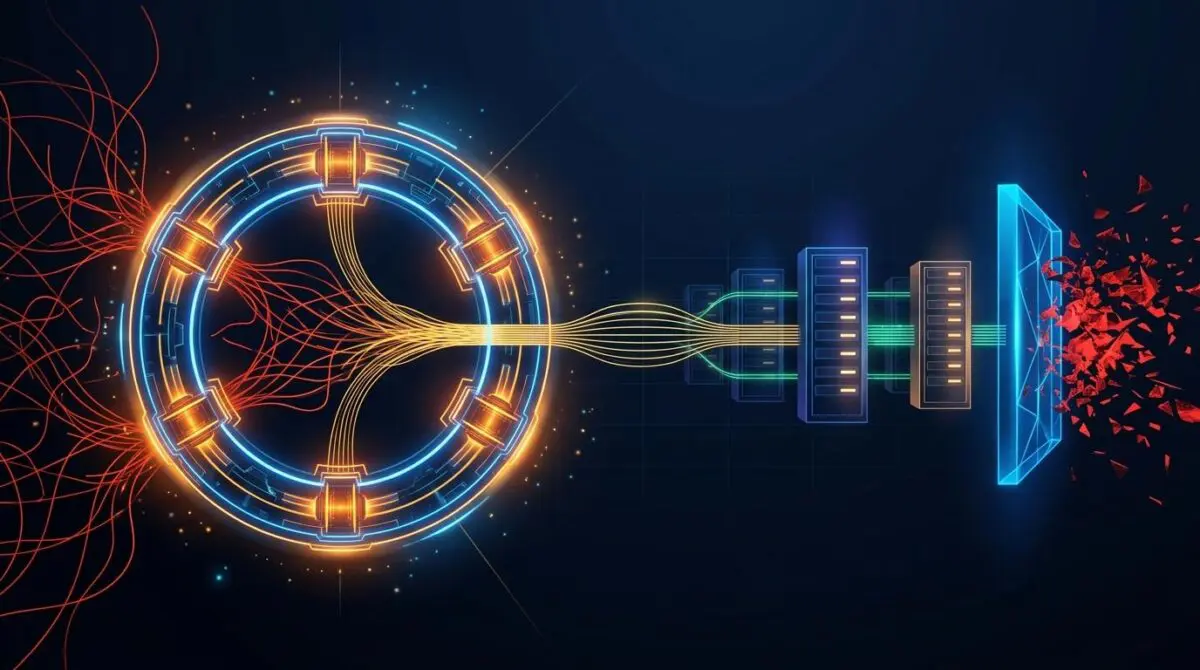 AI security loop with six glowing gates filtering chaotic red threads into golden rules, server racks, barrier, blue amber.