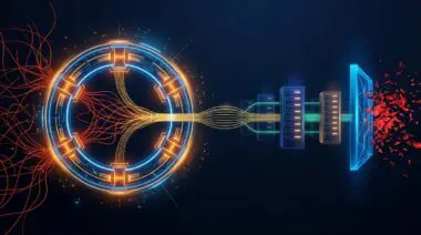 AI security loop with six glowing gates filtering chaotic red threads into golden rules, server racks, barrier, blue amber.