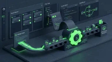 Isometric 3D GitHub issue unfolds into conveyor belt of automated event tasks, Markdown runbook gear, Marketing Ops as Code.