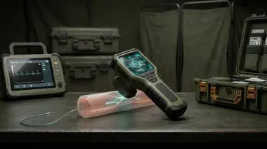 Handheld AI ultrasound device with catheterization overlay, guidewire in vessel phantom, military trauma station; MIT trauma device award.