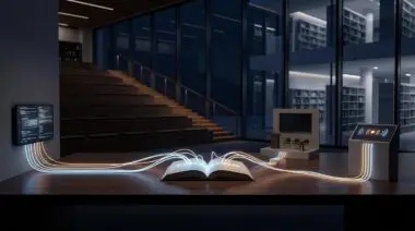 Open Exhalation book as glowing network switch in library with screens and broadcast nodes, MIT Reads Bets on Fiction 2026.